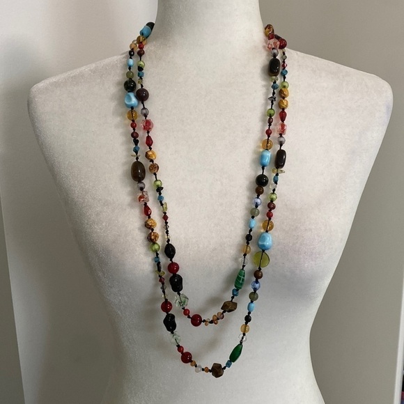 Colorful Artsy Bohemian Multicolored Beaded Knotted Long Necklace Festival - Picture 4 of 15